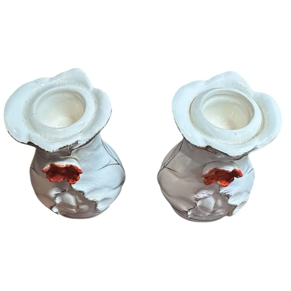 Vintage Japan Ceramic Taper Candle Holders‎ Pair Crackle Glaze Floral